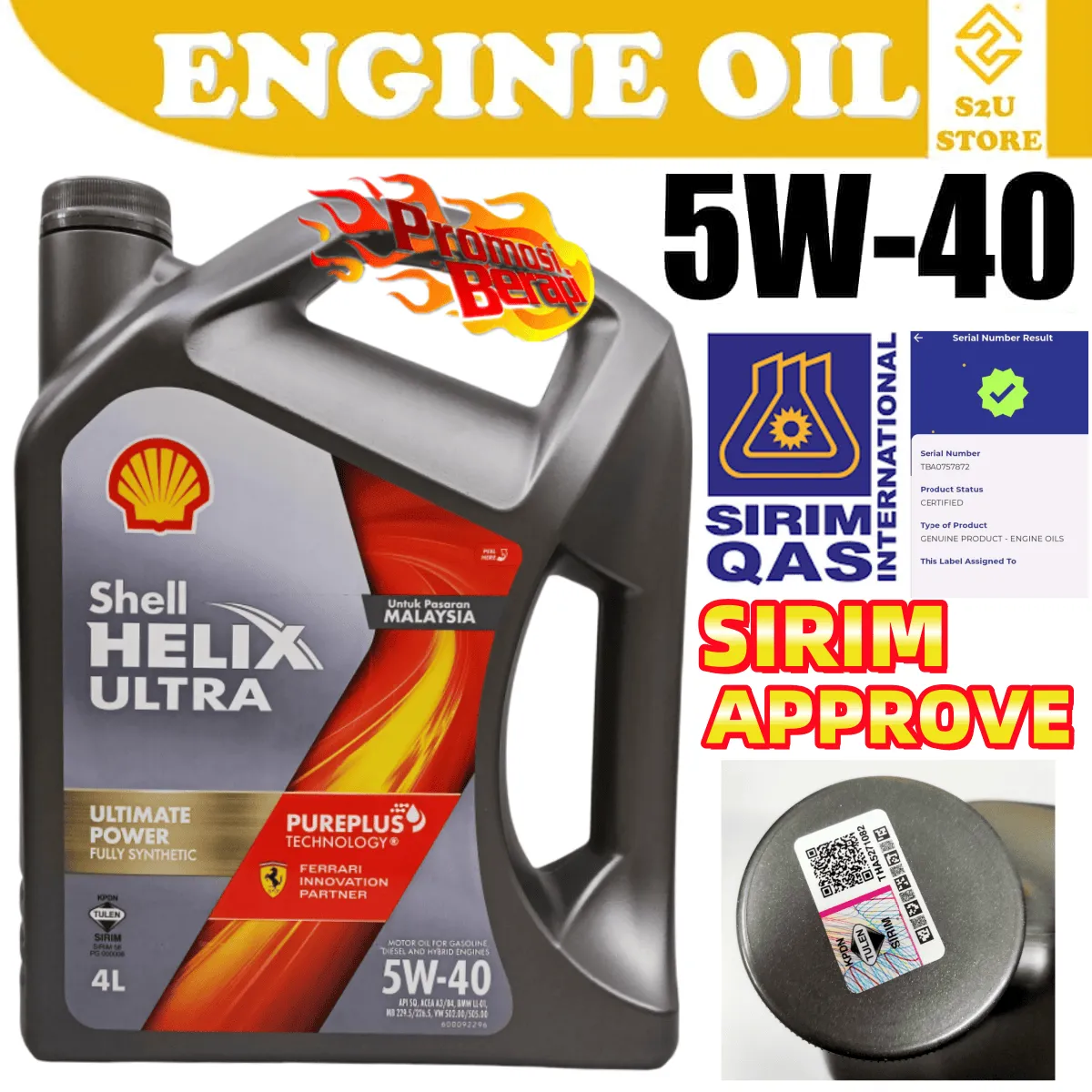 Original Engine Oil Shell Helix Ultra 5W-40 Fully Synthetic 4Liter API SP ACEA A3 B4 Minyak Hitam Kereta Turbo 5W40 - Image 2