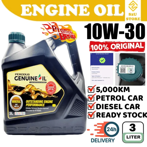 Original Perodua Engine Oil 10W30 Mineral 3Liter Viva Elite Kancil Kelisa Kenari Myvi Minyak Hitam Enjin Kereta