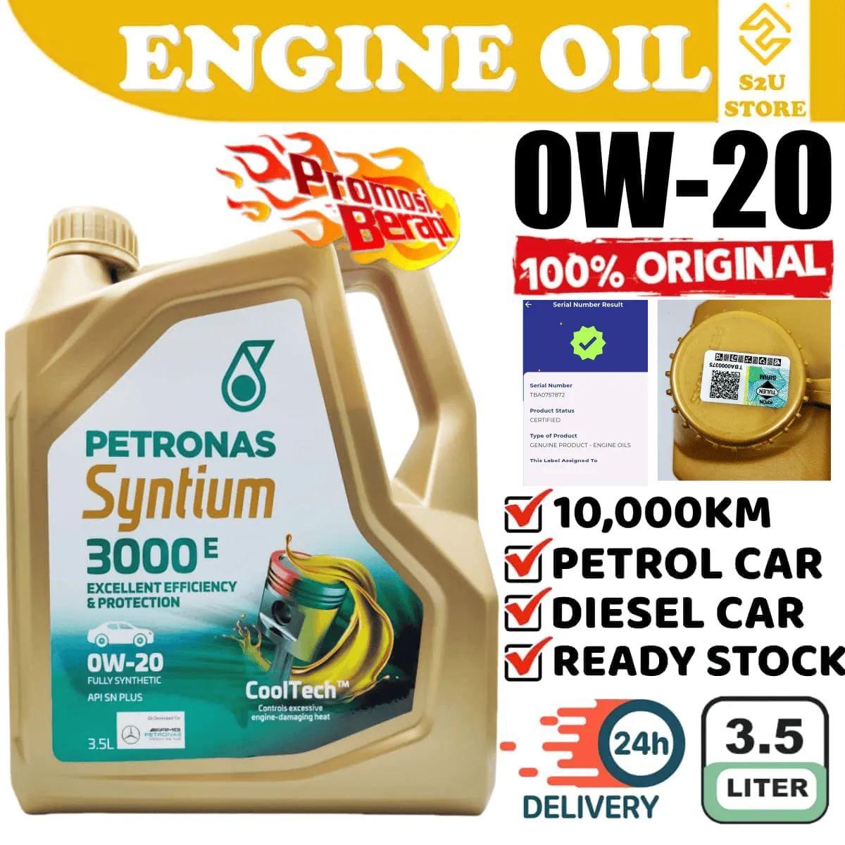 Original Petronas Engine Oil Syntium 3000 0W20 Fully Synthetic 3.5Liter Myvi New Bezza Axia Minyak Hitam 0W-20