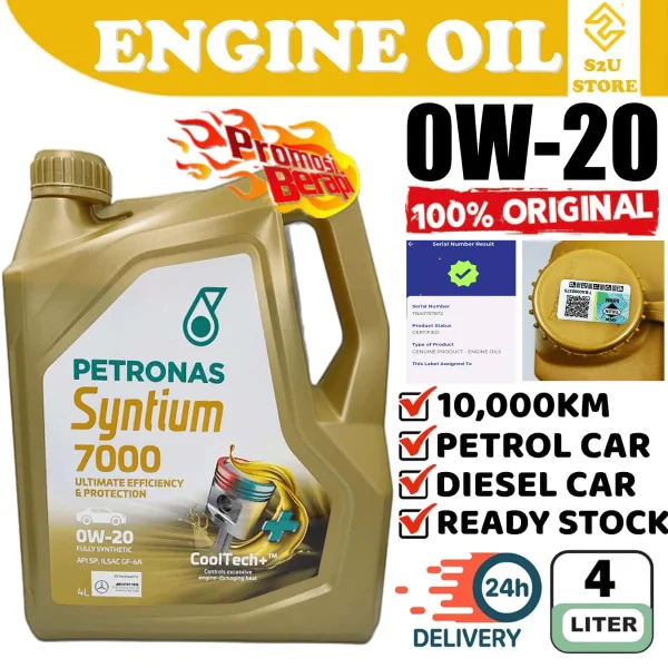 Original Petronas Engine Oil Syntium 7000 0W20 Fully Synthetic 4Liter Vios Altis Myvi New Bezza Axia Almera Minyak Hitam