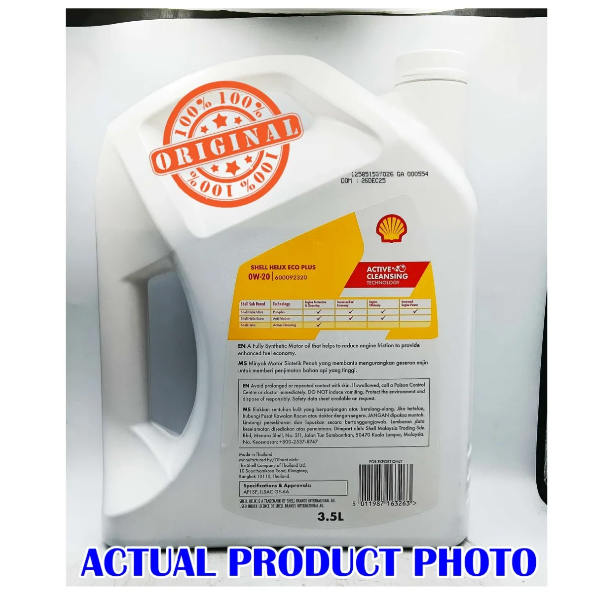 Original Shell Helix Eco 0W20 Engine Oil Fully Synthetic 3.5Liter Perodua Honda Toyota Axia Myvi Minyak Hitam Kereta - Image 6