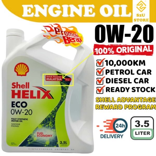 Original Shell Helix Eco 0W20 Engine Oil Fully Synthetic 3.5Liter Perodua Honda Toyota Axia Myvi Minyak Hitam Kereta
