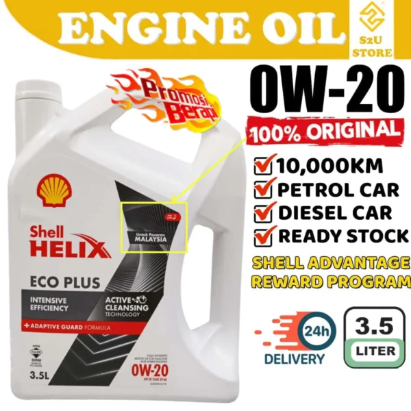 Original Shell Helix Eco 0W20 Engine Oil Fully Synthetic 3.5Liter Perodua Honda Toyota Axia Myvi Minyak Hitam Kereta