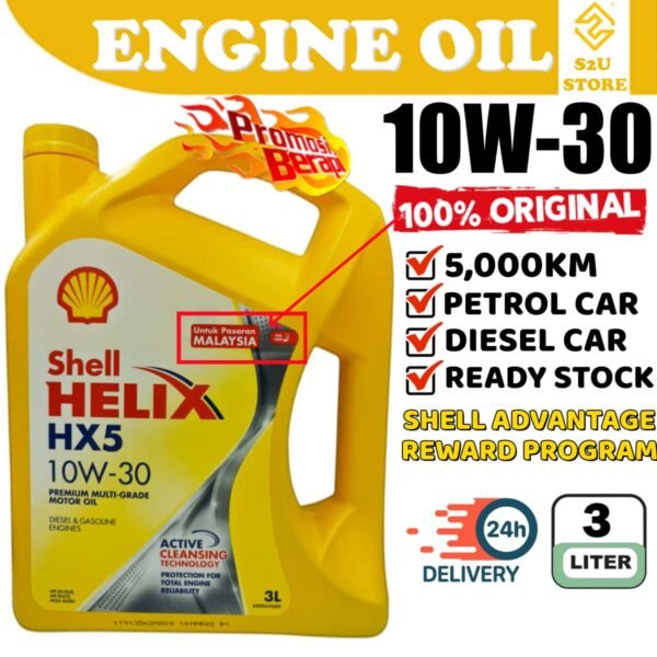Original Engine Oil Shell Helix HX5 10W30 SN/CF 3Liter Minyak Hitam Enjin Kereta Perodua Viva Kancil Kenari 10W-30