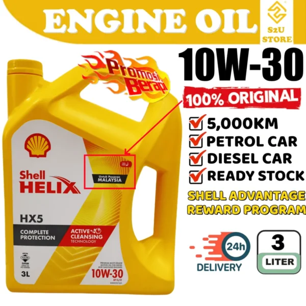 Original Engine Oil Shell Helix HX5 10W30 SN/CF 3Liter Minyak Hitam Enjin Kereta Perodua Viva Kancil Kenari 10W-30