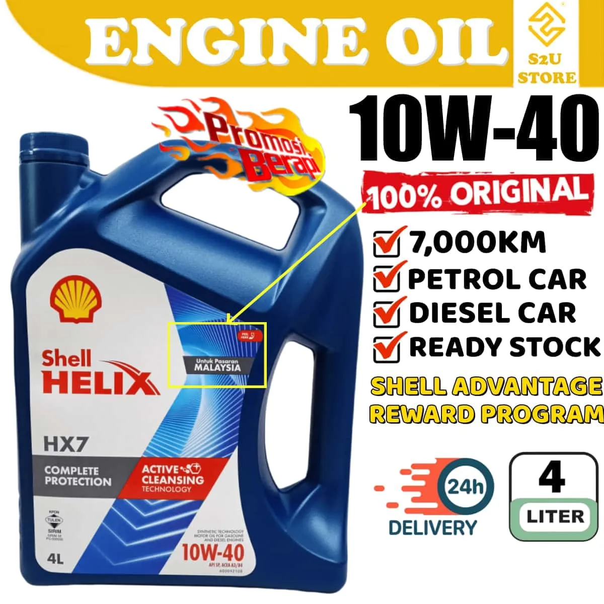 Original Engine Oil Shell Helix HX7 10W40 Semi Synthetic Proton Perodua Honda Toyota Minyak Enjin Hitam Kereta 10W-40