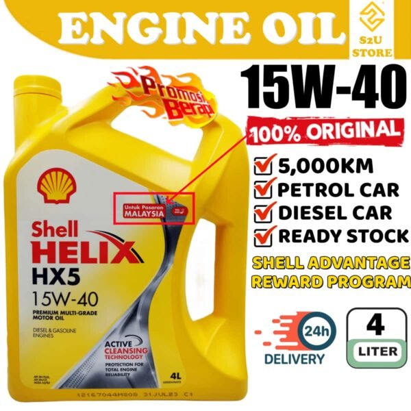 Original Engine Oil Shell Helix HX5 15W40 SN CF A3 B3 4Liter Proton Perodua Toyota Honda Nissan Minyak Hitam Kereta