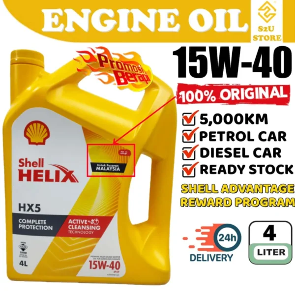 Original Engine Oil Shell Helix HX5 15W40 SN CF A3 B3 4Liter Proton Perodua Toyota Honda Nissan Minyak Hitam Kereta