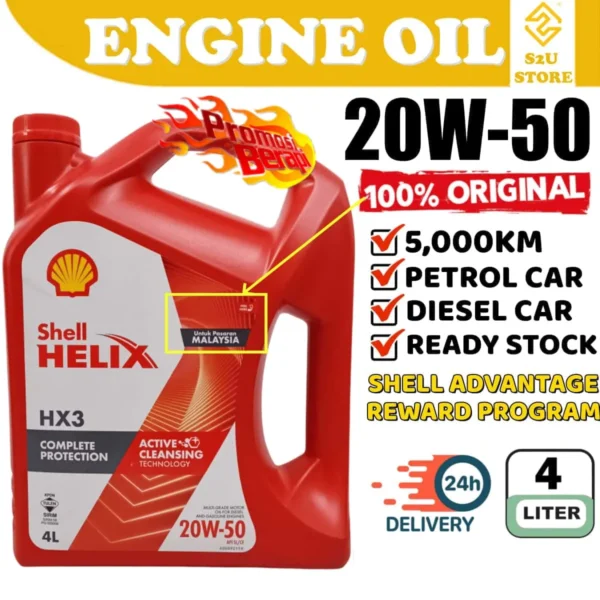 Original Shell Helix HX3 Engine Oil 20W50 4Liter For Proton Perodua Honda Toyota Minyak Hitam Kereta Wira Waja Myvi