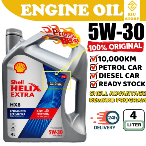 Original Engine Oil Shell Helix HX8 5W30 SN PLUS Fully Synthetic 4Liter Perodua Myvi Minyak Hitam Enjin Kereta 5W-30