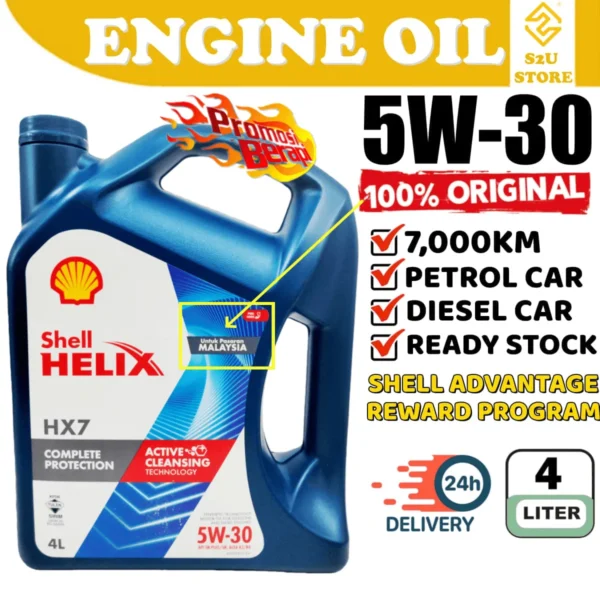 Original Engine Oil Shell Helix HX7 5W30 SN PLUS SN Semi Synthetic 4Liter Toyota Honda Nissan Proton Minyak Hitam Kereta