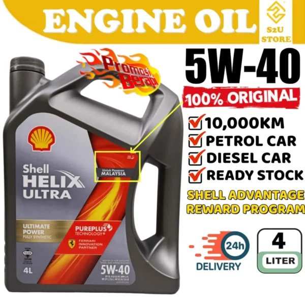 Original Engine Oil Shell Helix Ultra 5W-40 Fully Synthetic 4Liter API SP ACEA A3 B4 Minyak Hitam Kereta Turbo 5W40