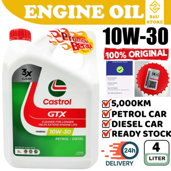 Original Engine Oil Castrol GTX 10W30 3Liter Perodua Viva Kenari Kelisa Kancil Minyak Hitam Enji Kereta 10W-30