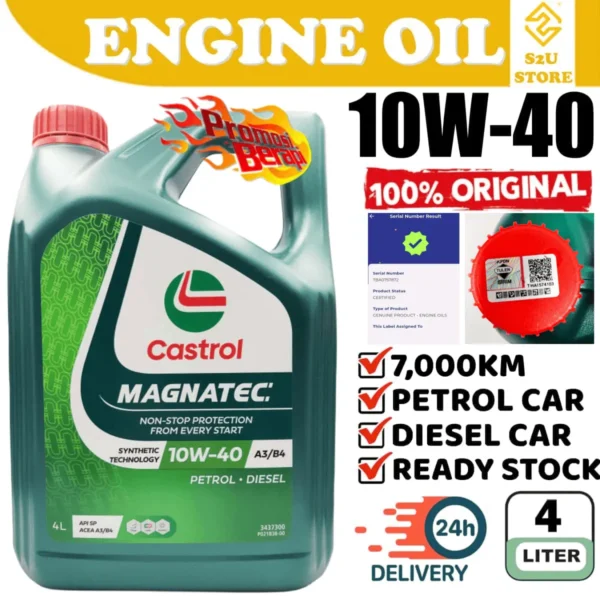 Original Engine Oil Castrol Magnatec 10W40 4Liter SN/CF ACEA A3/B3 Semi Synthetic Minyak Hitam Enjin Kereta 10W-40
