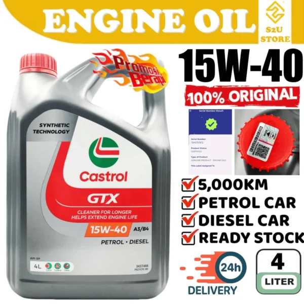 Original Engine Oil Castrol GTX Ultraclean 15W40 SN/CF ACEA A3/B3 4Liter Minyak Hitam Enjin Kereta 15W-40