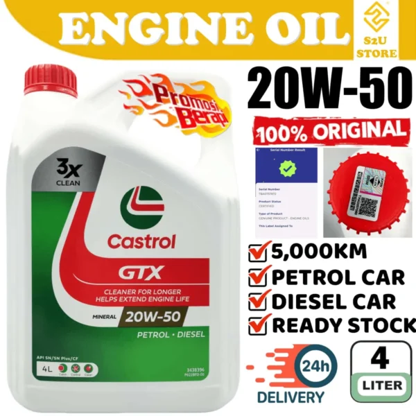 Original Castrol 20W50 GTX Car Engine Oil 4Liter SL/CF Petrol Diesel Minyak Hitam Kereta Wira Saga Myvi Kancil