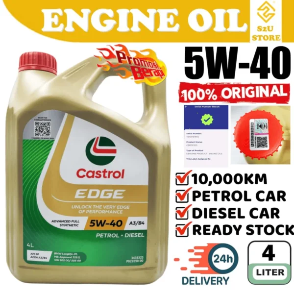 Original Engine Oil Castrol EDGE 5W40 SN/CF ACEA A3/B3 4Liter Fully Synthetic Minyak Hitam Enjin Kereta 5W-40