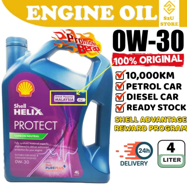 Original Shell Helix Protect 0W30 Turbo Engine Oil Fully Synthetic SN PLUS Volkswagen Minyak Hitam Kereta 4L 0W-30