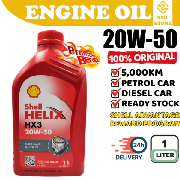 Original Engine Oil Shell Helix HX3 20W50 1Liter Car Motorcycle Minyak Hitam Tambah Kereta Motosikal 20W-50