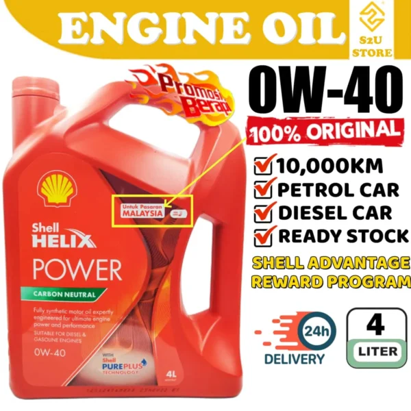 Original Shell Helix Power 0W40 Engine Oil Fully Synthetic SN PLUS Volkswagen BWM Benz 4Liter Minyak Hitam Kereta