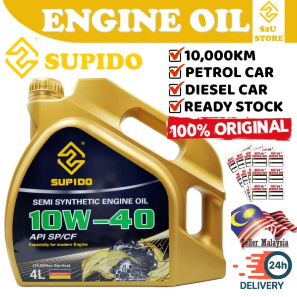 Original Supido Car Engine Oil 10W40 Fully Synthetic Minyak Hitam Enjin Kereta Myvi Alaz Vios Accord 4Liter