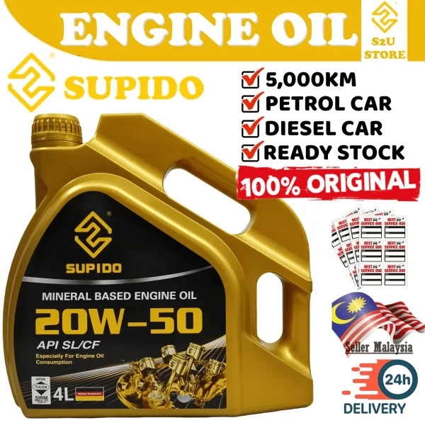 Original Supido Car Engine Oil 20W50 Synthetic Proton Perodua Minyak Hitam Kereta Lama Myvi Alza 4liter