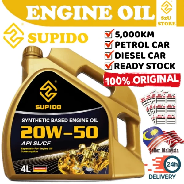 Original Supido Car Engine Oil 20W50 Synthetic Minyak Hitam Kereta Lama Myvi Alza  4liter