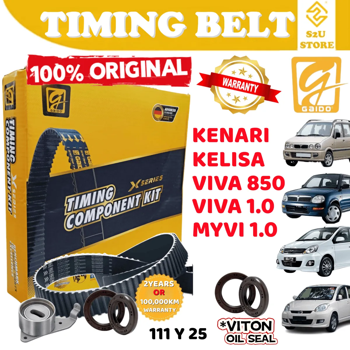 Original Gaido Timing Belt Perodua Kenari Kelisa Viva 850 1.0 Myvi 111Y25 Water Pump GMB Original Belting Kereta
