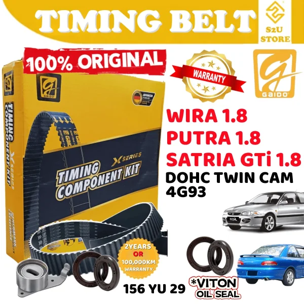 Original Gaido Timing Belt Proton Wira Putra Satria GTi 1.8 4G93 Twin Cam DOHC 156YU29 Belting Kereta