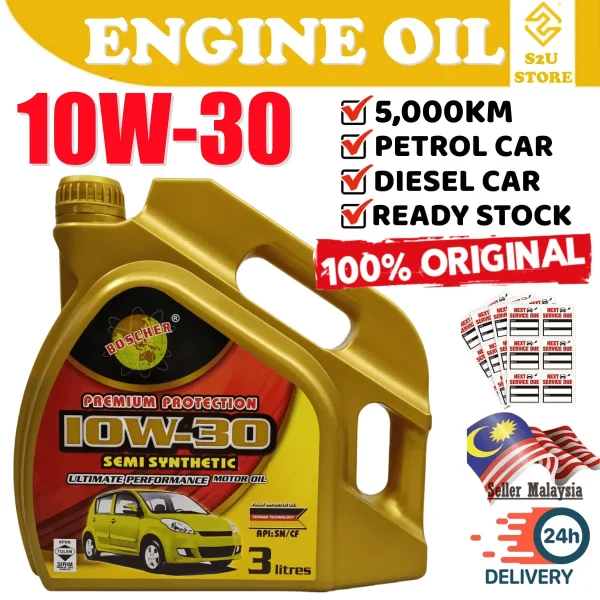 Boscher 10W30 SL/CF Synthetic Engine Oil 3Liters Kancil Viva Kenari Kelisa Minyak Hitam Kereta