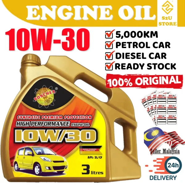 Boscher 10W30 SL/CF Synthetic Engine Oil 3Liters Kancil Viva Kenari Kelisa Minyak Hitam Kereta