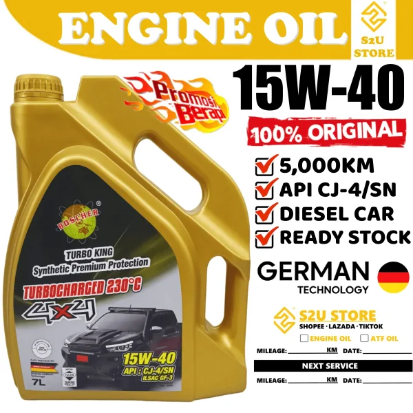 Boscher 4WD Turbo Hilux Vigo Revo Engine Oil Synthetic 15W40 Diesel 7Liter Minyak Hitam Kereta