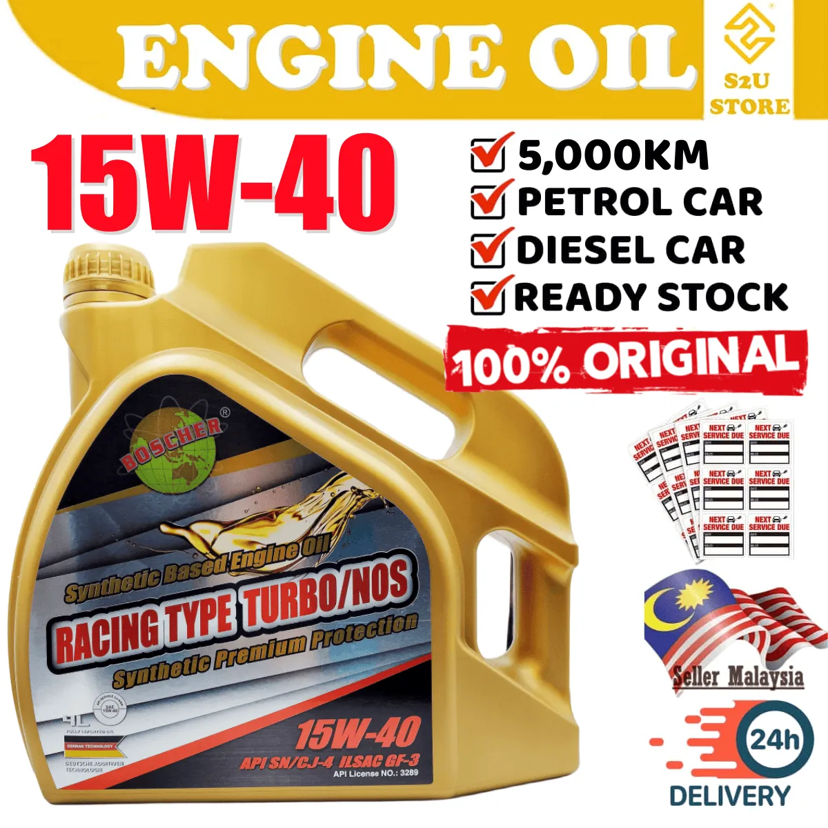 Boscher 15W40 SN/CJ4 Synthetic Engine Oil 4Liters Persona BLM Wira FLX Minyak Hitam Kereta
