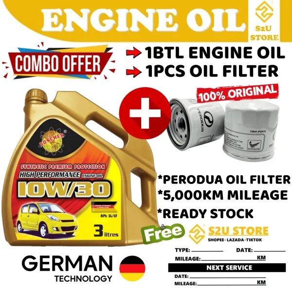 Original Boscher Engine Oil 10W30 Synthetic Kancil Viva Kenari Kelisa Minyak Hitam Enjin Kereta
