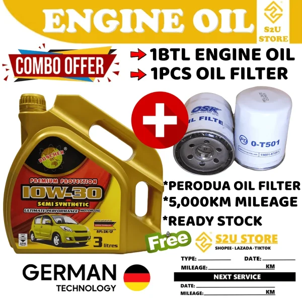 Original Boscher Engine Oil 10W30 Synthetic Kancil Viva Kenari Kelisa Minyak Hitam Enjin Kereta