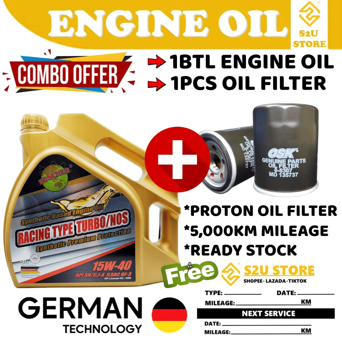 Boscher Engine Oil 15W40 SN/CJ4 Synthetic 4Liter Proton Wira Saga BLM FL FLX Minyak Hitam Kereta