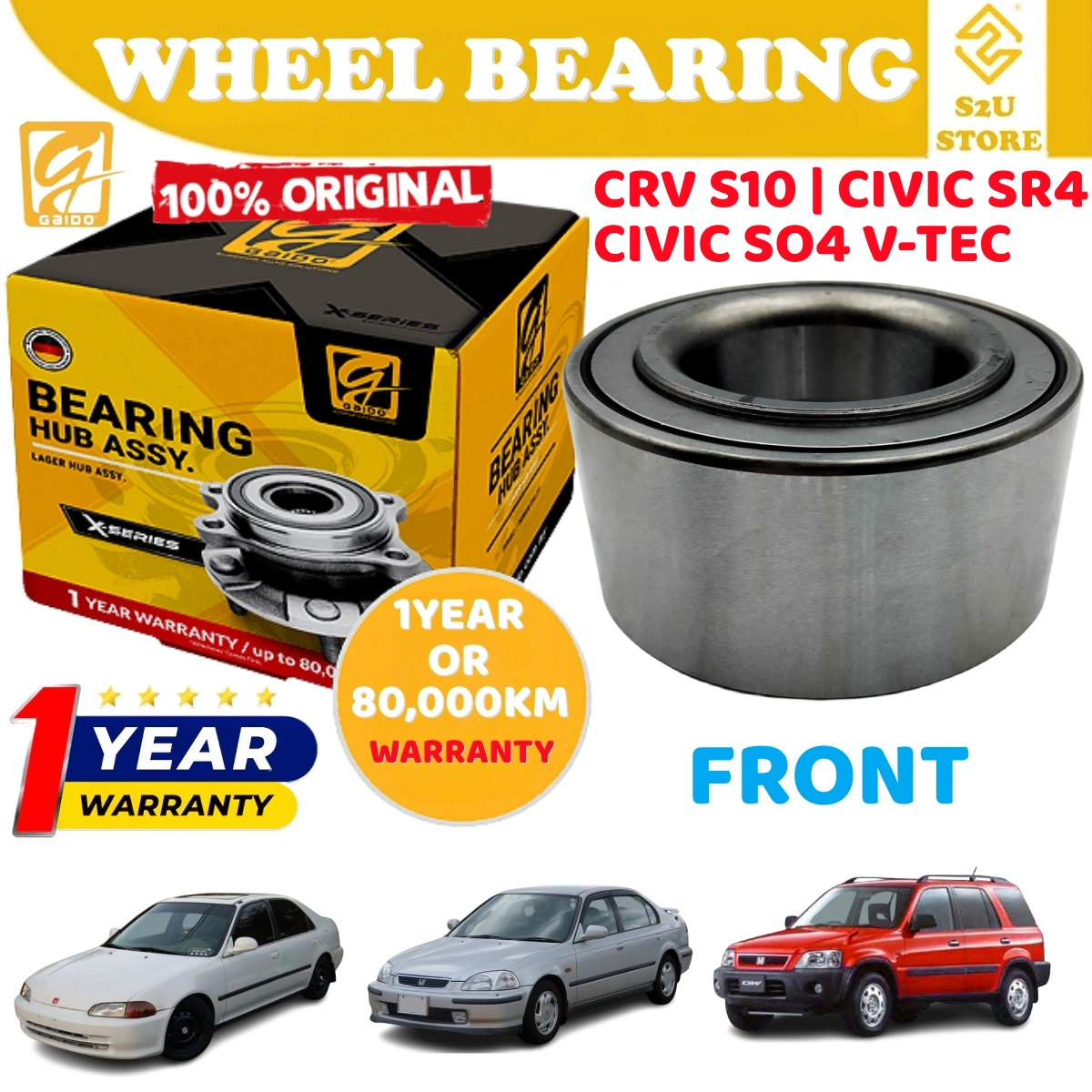 Gaido Front Wheel Bearing Hub Honda CRV S10 Civic SR4 SO4 VTEC 1993-1997YR Depan Bearin Tayar Kereta GDB8090-2RS