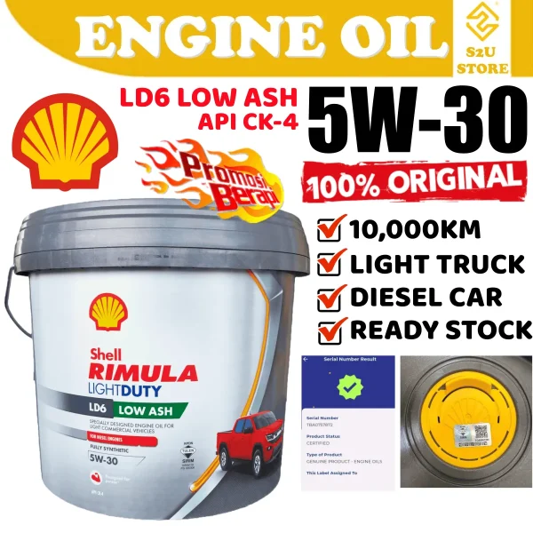 Original Shell Engine Oil 5W30 Rimula LD6 Low ASH Diesel 8L Light Truck Hilux 4WD Minyak Hitam